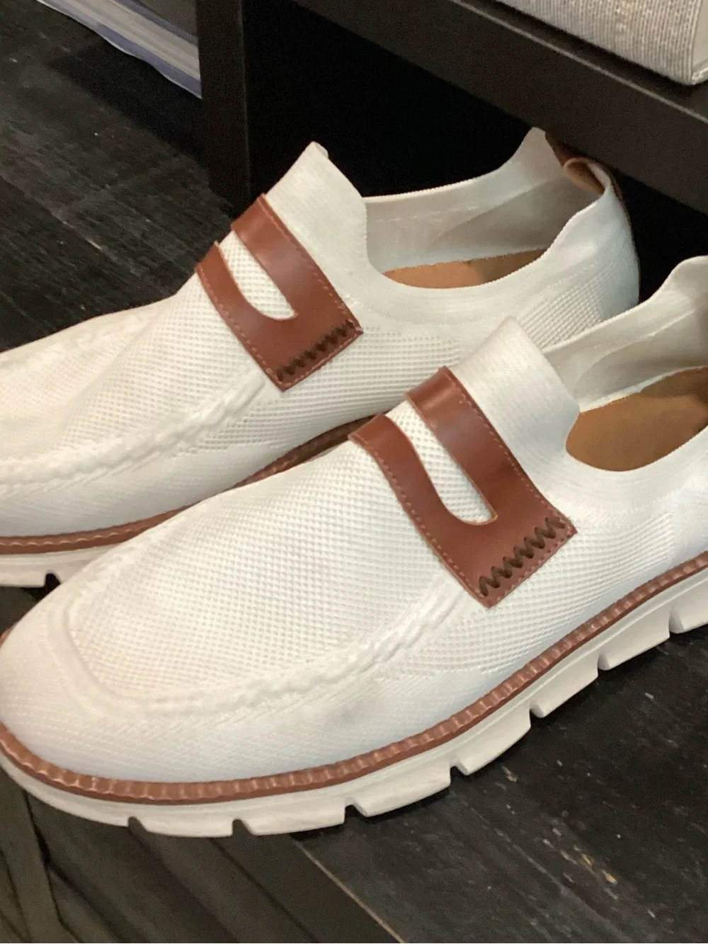 White and Brown Slip-On Moccasin - Casual Lightweight Comfort